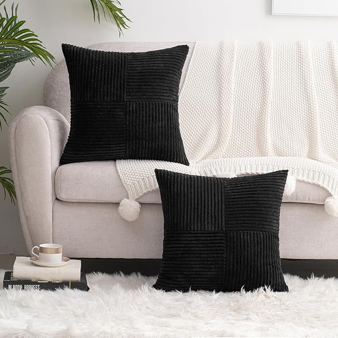 HWY 50 Black Corduroy Patchwork Throw Pillow Covers 18x18 Inch, Soft Cozy - Image 6