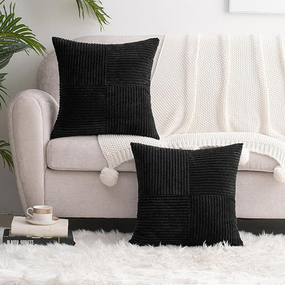 HWY 50 Black Corduroy Patchwork Throw Pillow Covers 18x18 Inch, Soft Cozy - Image 6