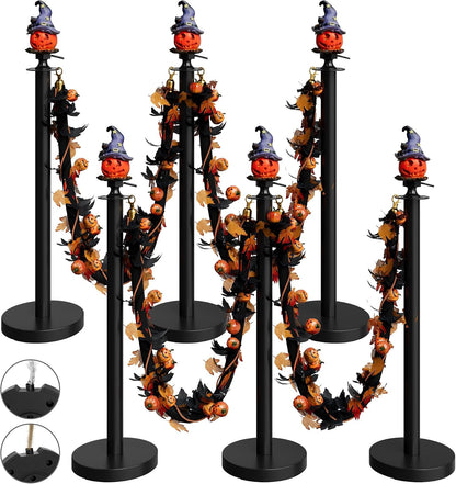 6 Pack Halloween Hat Pumpkin Head Black Stanchions and Velvet Ropes Set, Stainless Steel Crowd Control Barriers, 4Pcs Black Ropes and Poles for Party,Photobooth Accessories, Prom,Halloween Decorations