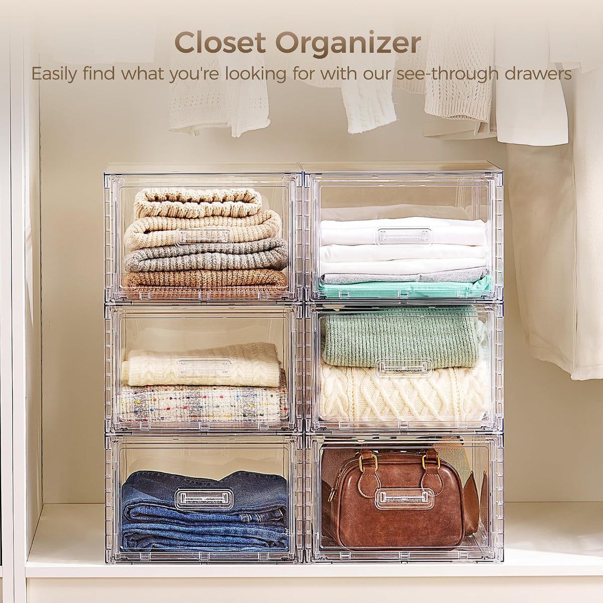 vtopmart 4 pack clear stackable closet storage drawers showing dimensions