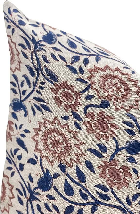 Designer Floral Print on Natural Linen Pillow Cover | Indigo Blue and Rust - Image 4