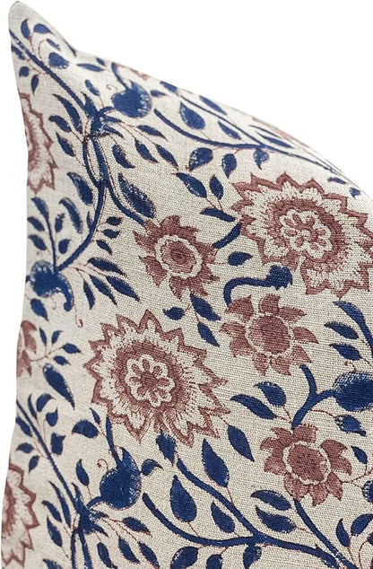 Designer Floral Print on Natural Linen Pillow Cover | Indigo Blue and Rust - Image 4