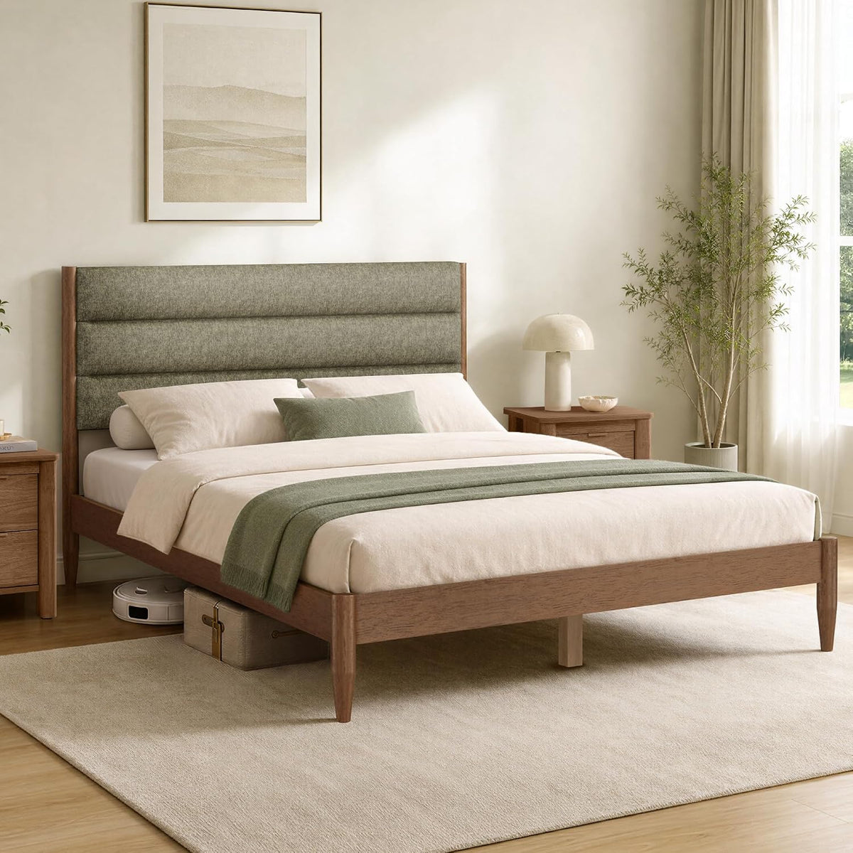 kislot wood bed frame with upholstered headboard, sage, close-up detail