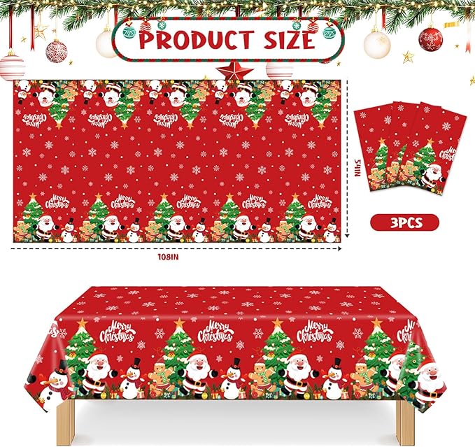 YQUQWN 3 PCS Christmas Tablecloth Plastic Disposable Waterproof Red Table Cover - Image 2