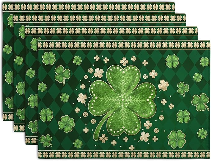 Green Shamrock St Patricks Day Placemats Set of 4 Lucky Clover Plaid Check by Wnoesat