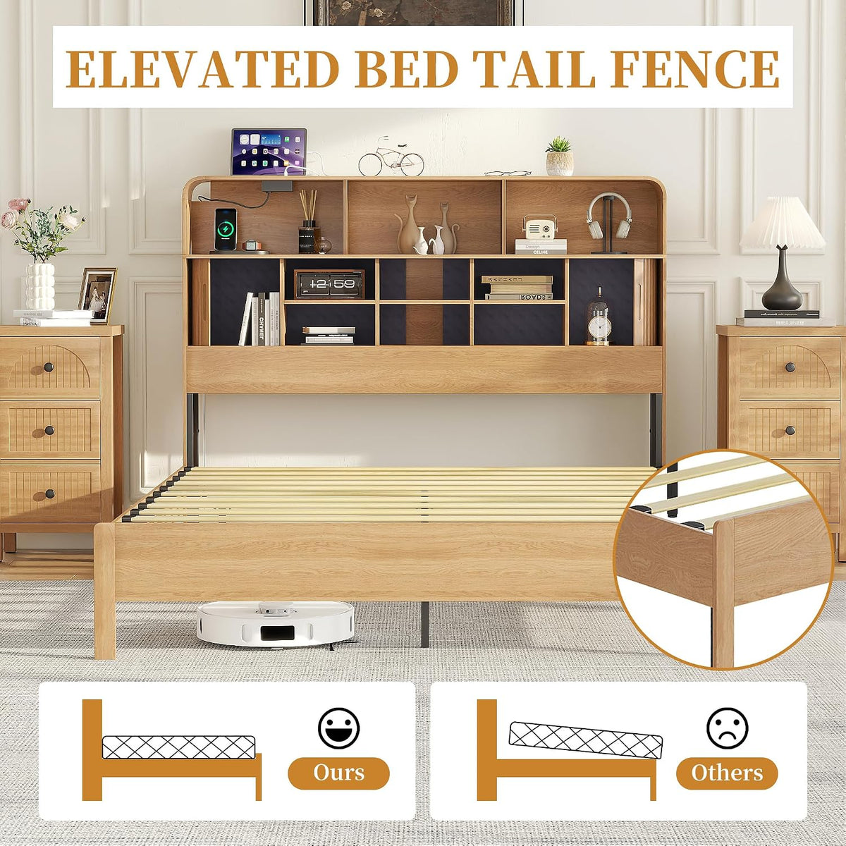 lxsxlome queen size bed frame with headboard and, side view