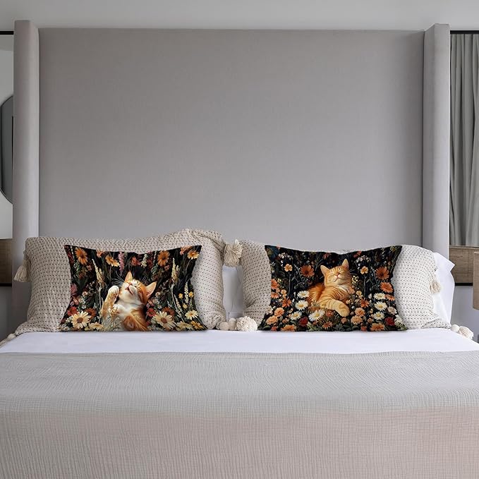 Boho Moody Floral Orange Cat Pillow Covers 12x20 Set of 2, Cat Mom Lady Lovers - Image 4