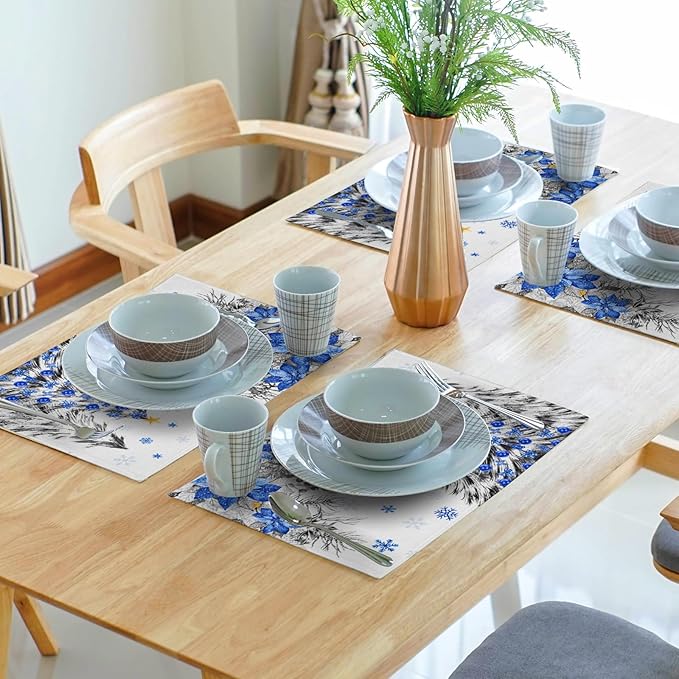 Giwawa Christmas Placemats Set of 4 Blue Grey Xmas Trees Balls Linen Place Mat - Image 7