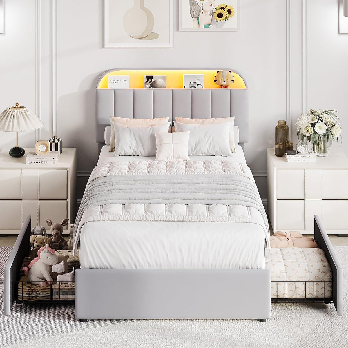 garveehome twin bed frame, platform bed with storage, side view