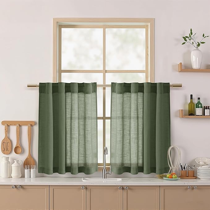 Nanspring Olive Green Linen Curtains 30 Inch Length Short Kitchen, Semi Sheer by Nanspring