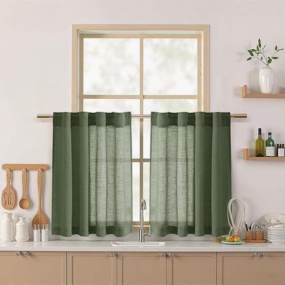 Nanspring Olive Green Linen Curtains 30 Inch Length Short Kitchen, Semi Sheer by Nanspring