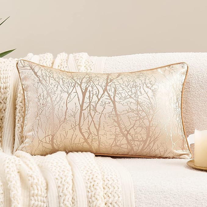 Avigers 12 x 20 Inch Rectangle Beige Brown Gold Tree Branch Embroidery Cushion by Avigers