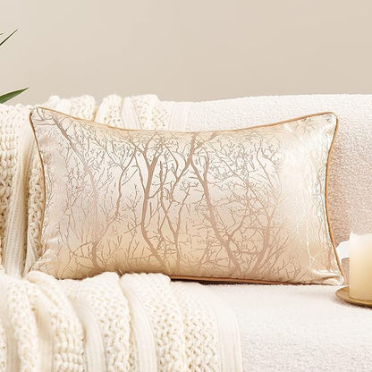 Avigers 12 x 20 Inch Rectangle Beige Brown Gold Tree Branch Embroidery Cushion by Avigers