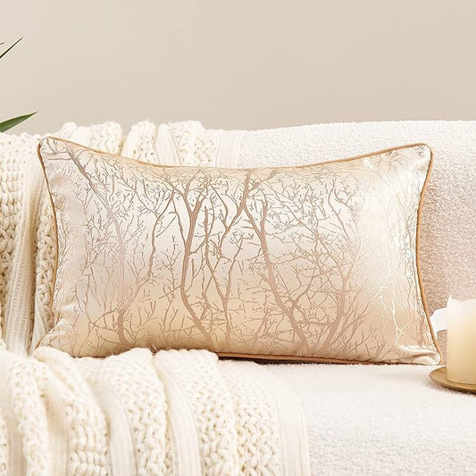 Avigers 12 x 20 Inch Rectangle Beige Brown Gold Tree Branch Embroidery Cushion by Avigers