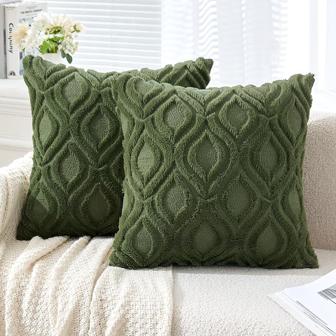 MIULEE Moss Green White Throw Pillow Covers 16x16 Inch, Soft Winter Plush Faux by MIULEE