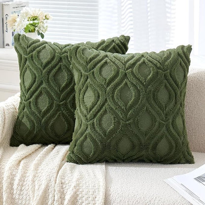 MIULEE Moss Green White Throw Pillow Covers 16x16 Inch, Soft Winter Plush Faux by MIULEE
