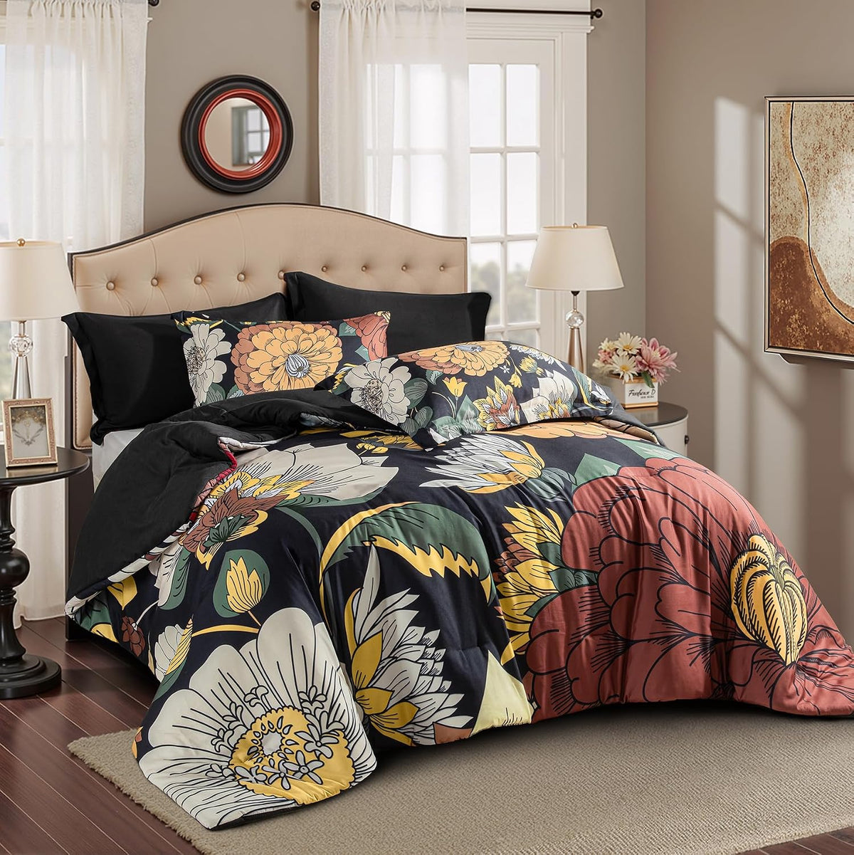 tyrot black boho floral king comforter set, side view