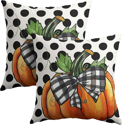 Fall Outdoor Pillows Covers 20x20 Inch Set of 2 Orange Pumpkin Black Polka Dot by Granbey