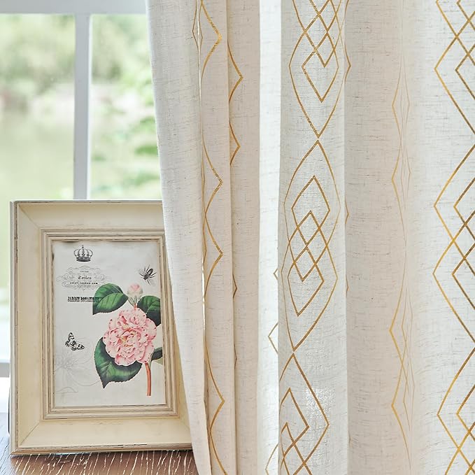 Linen Boho Curtains for Bedroom, 96 Inches Long Curtains Gold Foil Metallic by ugoutry