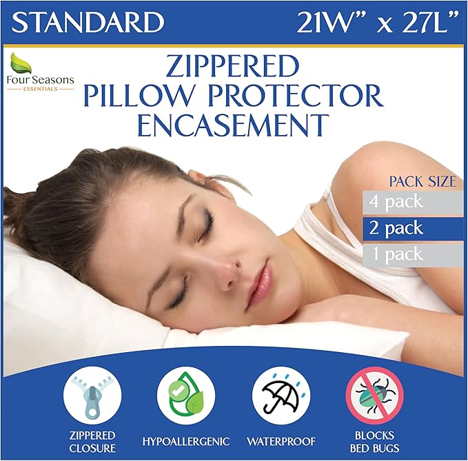Standard Pillow Protectors – Zippered Waterproof Pillow Covers Hypoallergenic by FourSeasonsEssentials