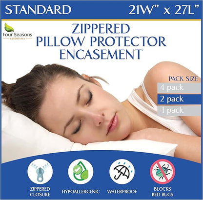 Standard Pillow Protectors – Zippered Waterproof Pillow Covers Hypoallergenic by FourSeasonsEssentials