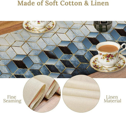 Geometric Blue Marble Table Runner Abstract Hexagon Pattern Texture Table Runner - Image 6
