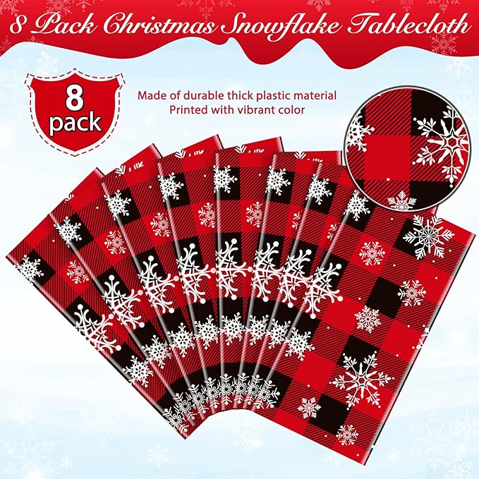 8 Pieces Red and Black Buffalo Plaid Merry Christmas Party Tablecloth - Image 4