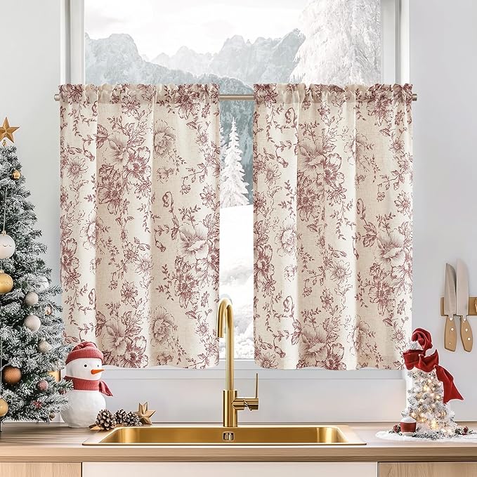 jinchan Floral Linen Tier Curtains Floral Brick Red on Beige Christmas by JINCHAN