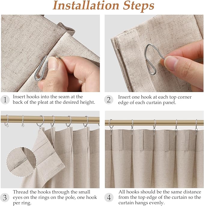 Light Tan Pinch Pleat Linen Curtains 96 Inch Length 2 Panels Set - Image 8
