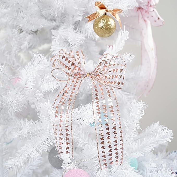 MEEDEE 2.5 Inch Rose Gold Heart Wired Ribbon 25 Yards Pink Sheer Ribbons - Image 6
