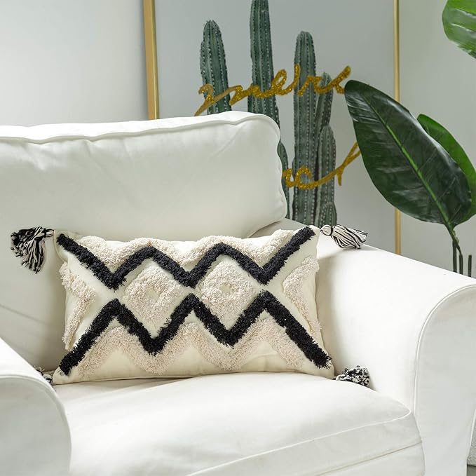 Woven Tufted Boho Lumbar Throw Pillow Cover, Modern Decorative Geometric - Image 4