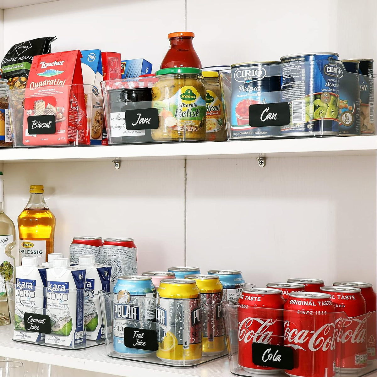 multi-use clear storage bins, pantry kitchen cabinet organizer, close-up detail