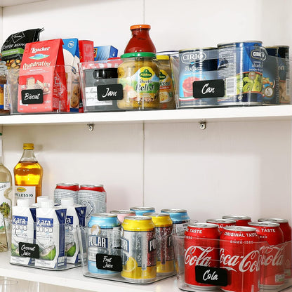 multi-use clear storage bins, pantry kitchen cabinet organizer, close-up detail