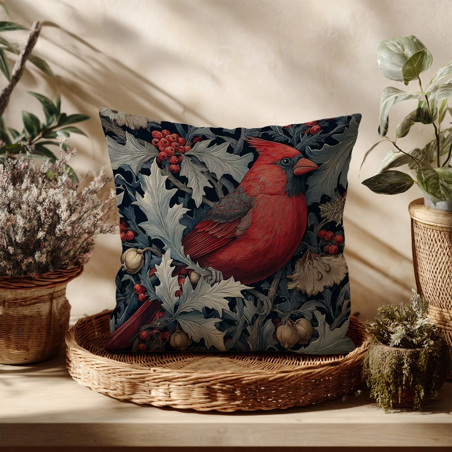 William Morris Inspired Red Cardinal Bird Pillow Cover 18x18 Inches(Set of 2) - Vintage Floral Art Throw Pillowcase - Farmhouse Decor for Couch, Sofa, Bed - Living Room Home Decor Gift (Red-Bird)