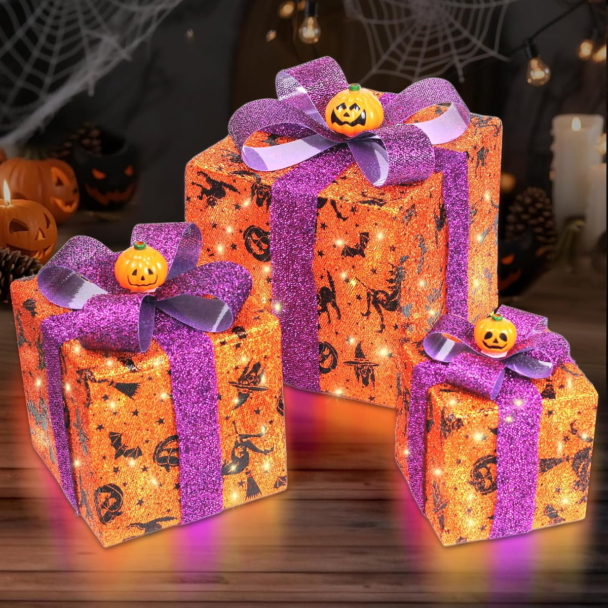 3 Pieces Lighted Boxes Halloween Decorations, Lighted Gift Boxes with Bat,Spider Web,Broom & Pumpkin Print, Foldable Light up Boxes with Pumpkin Bow for Yard, Patio, Haunted House Décor