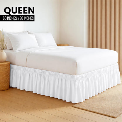 Wrap Around Ruffle Queen Size Bed Skirt – Adjustable Buckle & Elastic Belt for Easy Installation, 16 Inch Drop – Brushed Microfiber - Machine Washable, Fade and Wrinkle Resistant, White