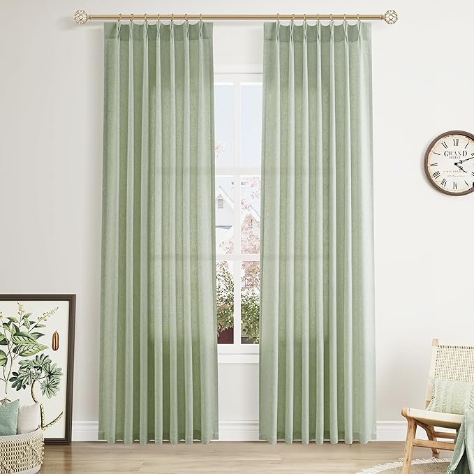 Mist Sage Pinch Pleated Linen Curtains 84 Inch Length 2 Panels by Aersas