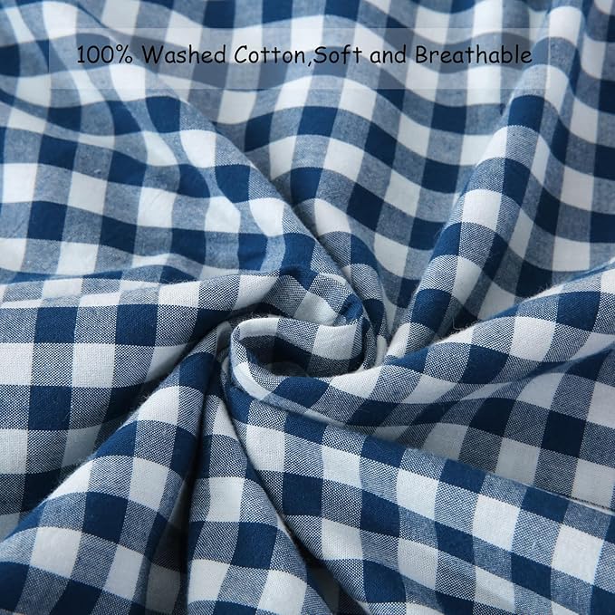 Navy Blue/White Plaid Euro Pillow Shams Set of 2, Shabby Checkered Ruffle - Image 6