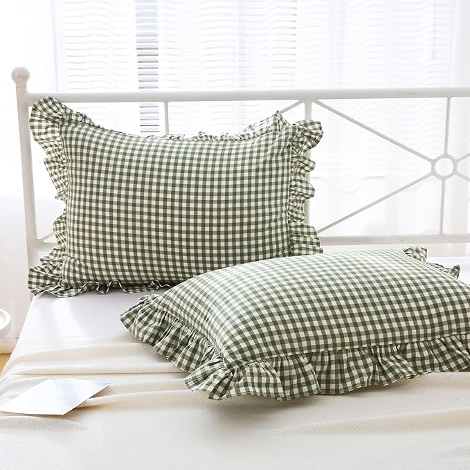 Sage Green Plaid Ruffle Queen Size Pillow Shams 20"x30", 2 Pack Washed Cotton - Image 2
