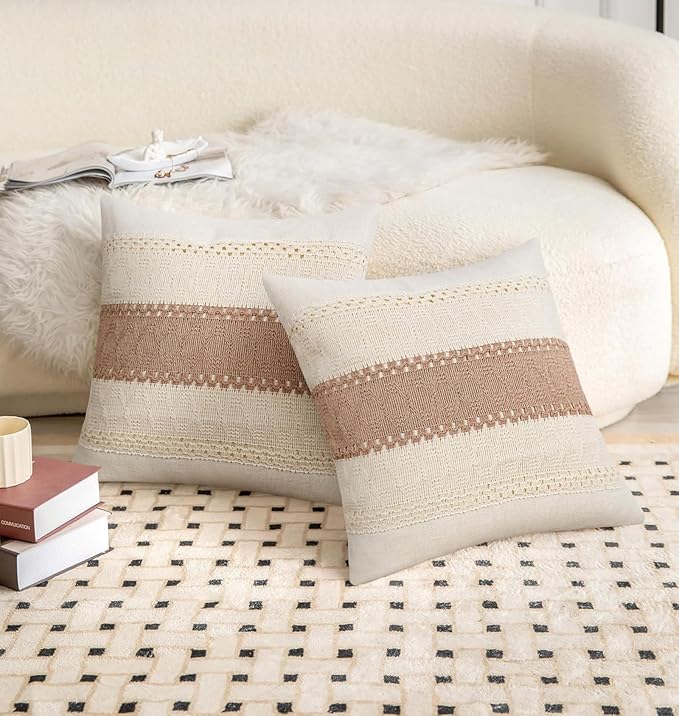 Pyonic Pack of 2 Boho Throw Pillow Covers 18x18 Inch Farmhouse Decorative Throw - Image 5