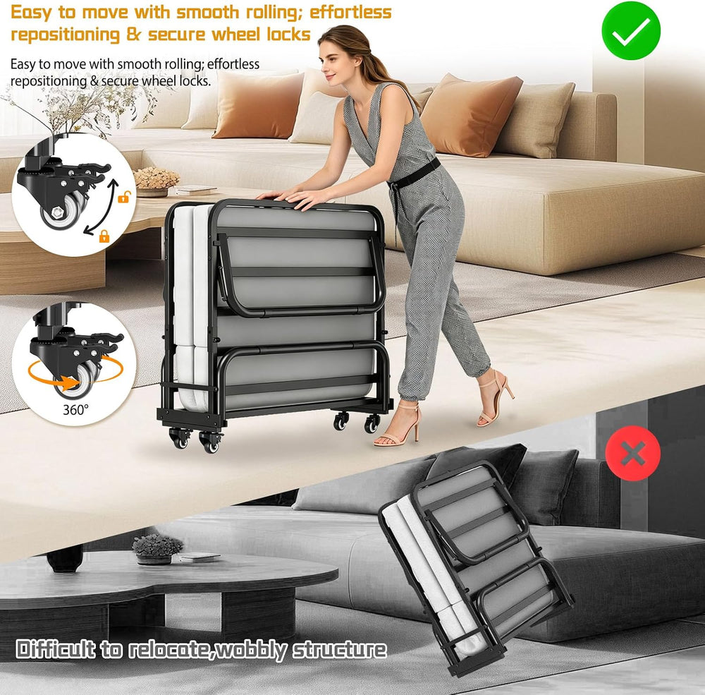 Folding Bed, 75 x 38 Portable Rollaway Guest Beds on Wheels, Foldable Bed