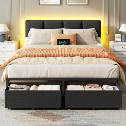 furnulem queen bed frame with upholstered headboard and shown in use