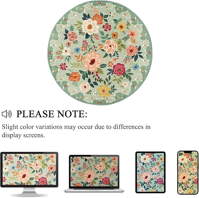 DUKINO Floral Round Rug, 6ft Washable Circle Rug, Non Slip Indoor Low Pile - Image 9