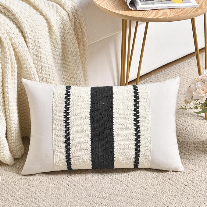 Fancy Homi Set of 2 Boho Black Lumbar Decorative Throw Pillow Cover 12x20 Inch - Image 2