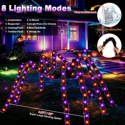 Halloween Decorations Outdoor, 250 LED Halloween Giant Spider Web Lights, 200" Lighted Spiderweb Light up with 8 Modes for Yard Haunted House Decor, Remote Control Lighted Spider Dark Purple Orange
