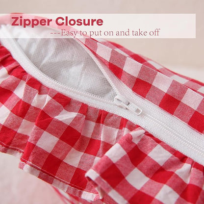 2 Pack Red White Plaid Ruffle Gingham Euro Throw Pillow Covers, 100% Washed - Image 4