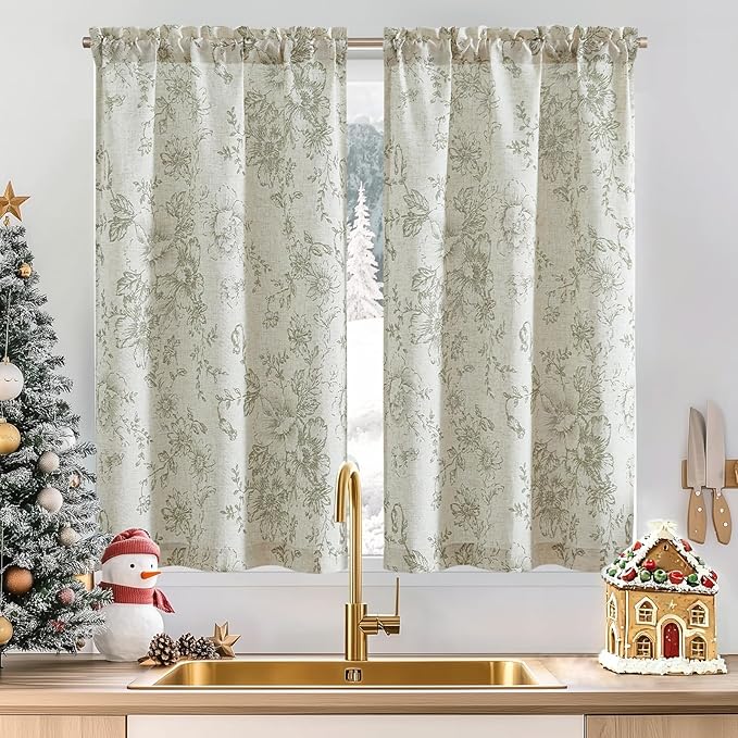 jinchan Floral Linen Tier Curtains 45 Inch Christmas Decorations Farmhouse by JINCHAN