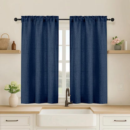OVZME Navy Blue Cafe Curtains 45 Inch Length 2 Panels, Thick Textured Kitchen by OVZME