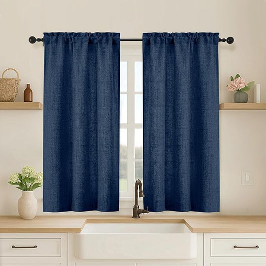 OVZME Navy Blue Cafe Curtains 45 Inch Length 2 Panels, Thick Textured Kitchen by OVZME