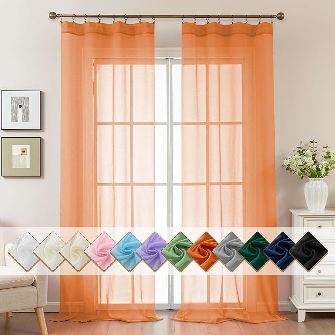 Orange Sheer Curtains 96 Inches Long, Privacy Semi Sheer Curtains by ABLUEN